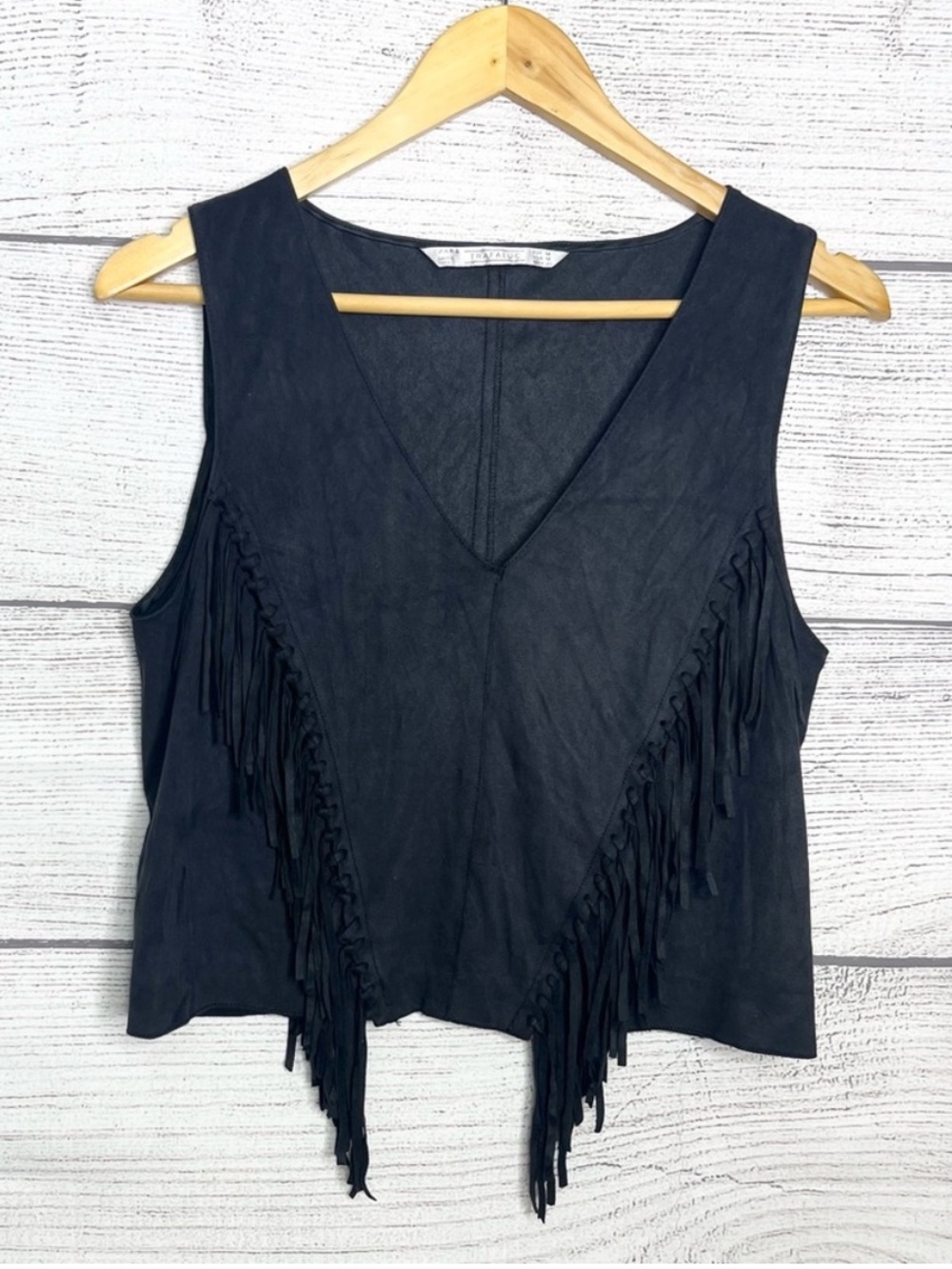 Zara Black Fringe V-Neck Cropped Tank